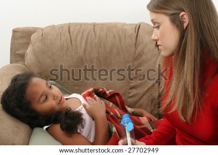 Adorable five year old African American Girl sick with babysitter.