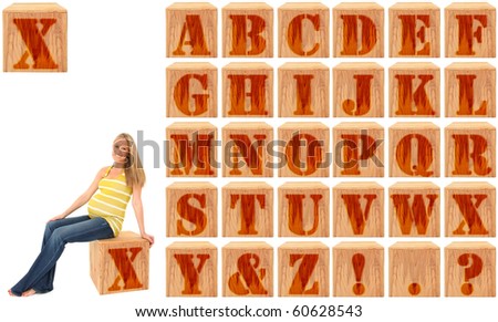 Wood engraved and stained alphabet blocks.  Featuring pregnant woman on Letter X.