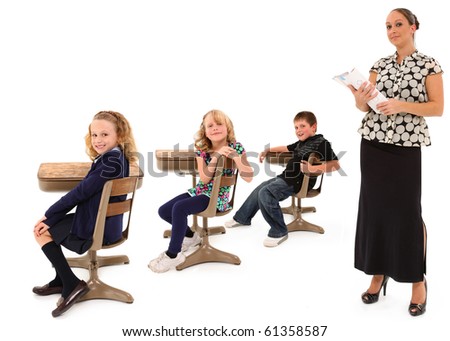 Classroom theme over white background with students and teacher.