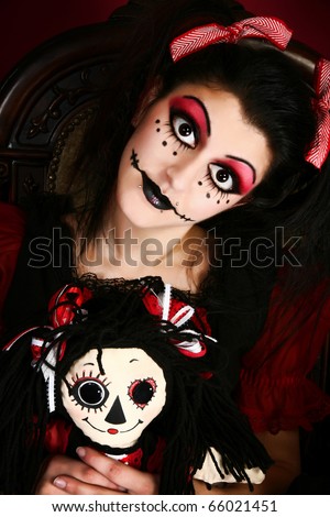 goth doll makeup. woman in goth doll costume