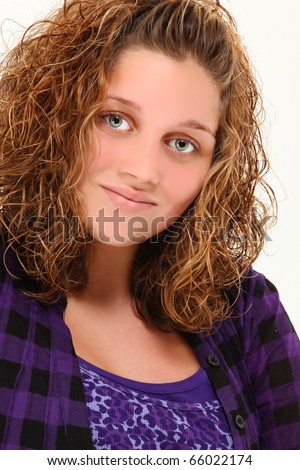stock photo Beautiful 13 year old teen girl smiling over white background