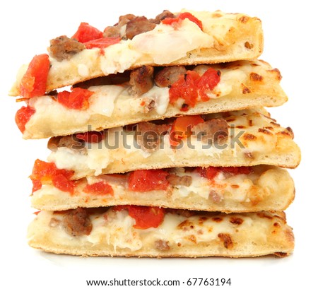 Five pieces of white sauce tomato burger pizza stacked over white.