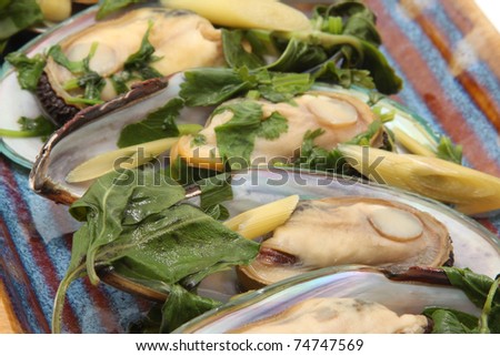 Cooked Musses In Shell With Greens And Bamboo Shoots