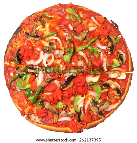 Gluten free vegan pizza, no cheese, no meat, no gluten pizza over white background.