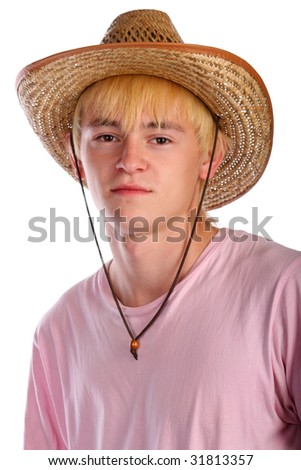 Young man in pink shirt and cowboy hat. Isolated