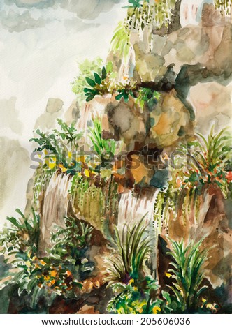 watercolor painting small waterfall in small garden