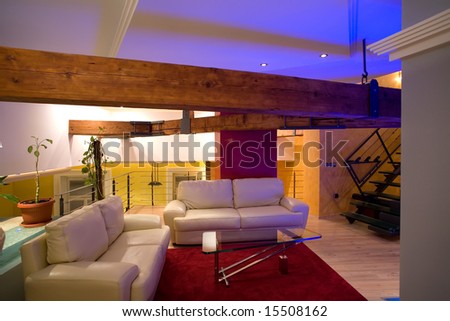 interior  of apartment with blue ceiling lights