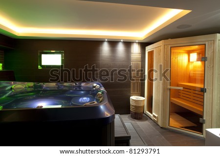 Modern Bathroom With Jacuzzi Bath And Sauna Stock Photo 81293791 ...