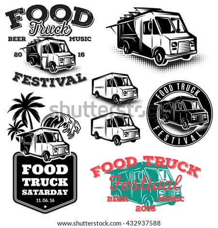 set of templates, design elements, vintage style emblems for the food truck