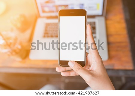 girl using smartphone in cafe. woman using smartphone white screen. hand holding smartphone.
