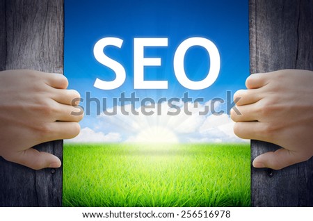 SEO. Hand opening an old wooden door and found SEO word floating over green field and bright blue Sky Sunrise.