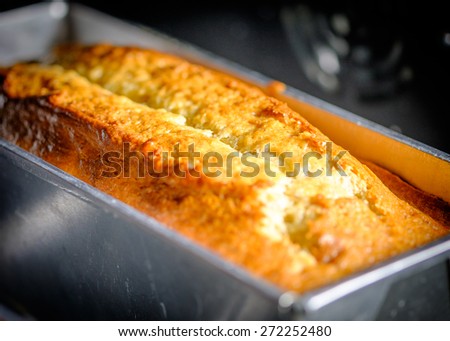 Homemade Banana Bread or Cake in a stainless tray fresh from the oven.