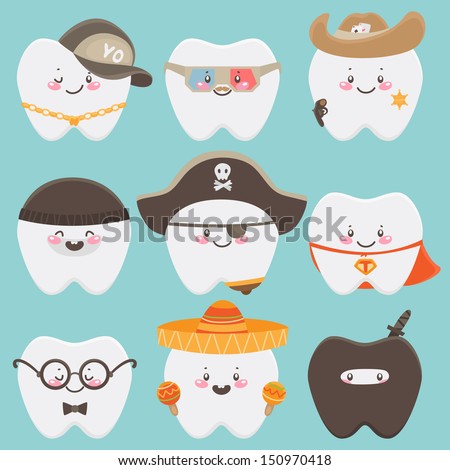 Cute tooth in costume rapper hipster Sheriff thief pirate nerd hero mexican ninja Cute tooth in costume rapper hipster Sheriff thief pirate nerd hero mexican ninja