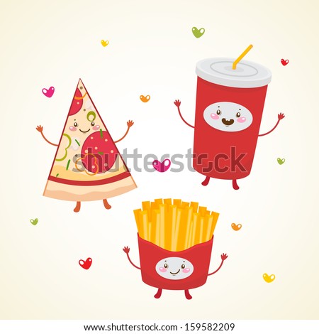 Cute fast food. Pizza, soda, french fries.