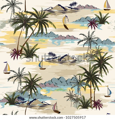 Vintage Beautiful seamless island pattern  Landscape with palm trees,beach and ocean vector hand drawn style on light beige color background.