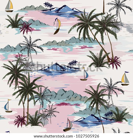Beautiful seamless island pattern on white background. Landscape with palm trees,beach and ocean vector hand drawn style.