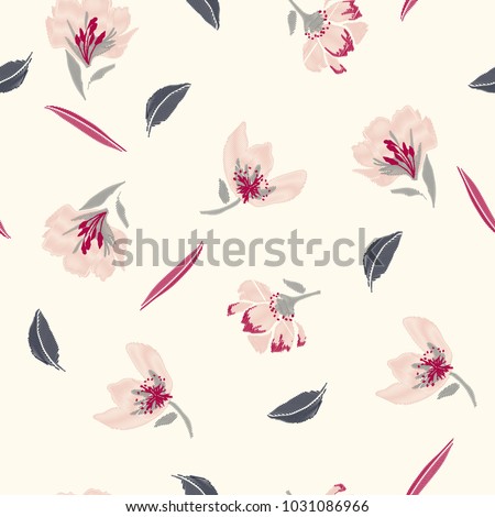Sweet and  beautiful pastel Embroidery flowers, spring seamless pattern. Classical blooming embroidery leaves, spring floral, seamless pattern. Fashionable template for design of clothes,design on