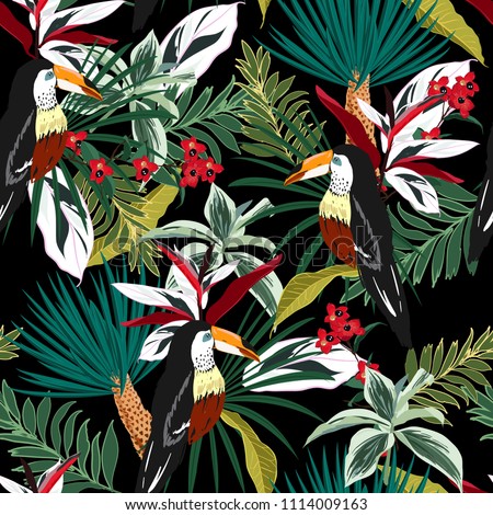 Dark Tropical forest  Colorful Toucan, exotic birds, tropical flowers, palm leaves, jungle leaf, wild flower seamless vector floral pattern background on black