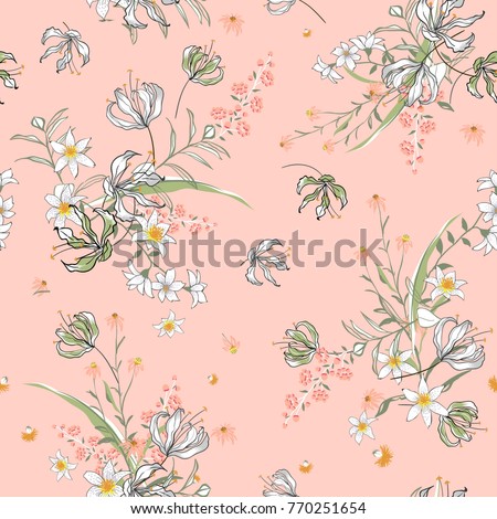 Vector soft blooming floral pattern, delicate flowers, yellow, blue and pink flowers, greeting card template on sweet pink background.