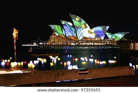 SYDNEY - JUNE 12: Fire Water opens at Campbell Cove, as part of the Vivid Sydney Festival which includes the lighting of the Sydney Opera House sails by Eno in Sydney, Australia on June 12, 2009.