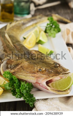 fresh flat head fish with a lemon and lime on a white plate and on a wooden rustic background