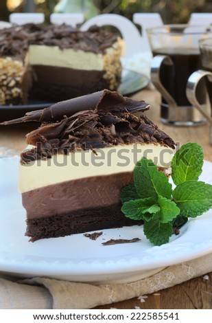 Slice of Triple-Chocolate Mousse Cake with a fresh mint leaves