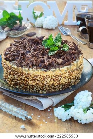 Triple-Chocolate Mousse Cake with chocolate curls and mint leaves on a top