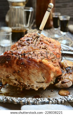 roasted pork shoulder with crackling. selective focus