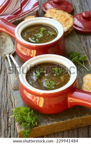 classic French onion soup with cheese croutons