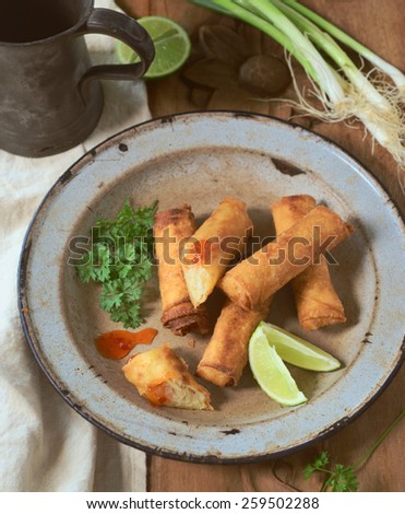cabbage and mushrooms fried spring rolls. selective focus