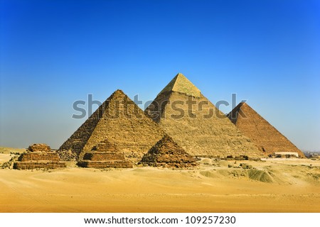 Egypt. Cairo - Giza. General view of pyramids from the Giza Plateau (three pyramids known as Queens\' Pyramids, in background: the Pyramid of Menkaure /Mykerinos/, Khafre /Chephren/ and Chufu /Cheops/)