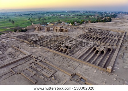 Egypt. Aerial view over the West Bank of Luxor - ruins of the Ramesseum (mortuary temple of Pharaoh Ramesses II)