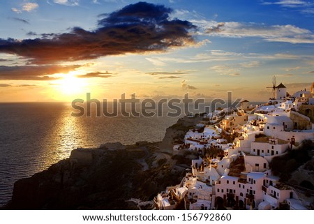 Greece. Cyclades Islands - Santorini (Thira). Oia town before sunset