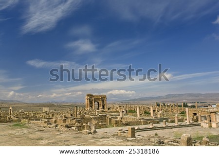 Algeria. Timgad (ancient Thamugadi or Thamugas). General view of Roman city with Trajan\'s Arch in central point