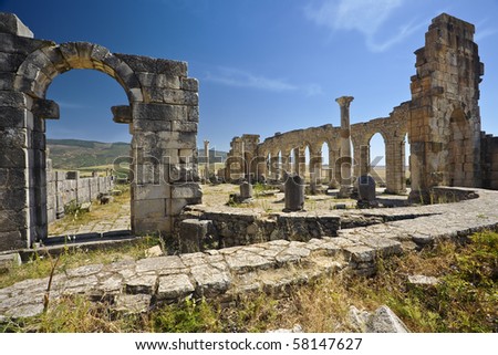 Morocco. Volubilis - archaeological site is on UNESCO World Heritage List. Ruins of the Basilica.