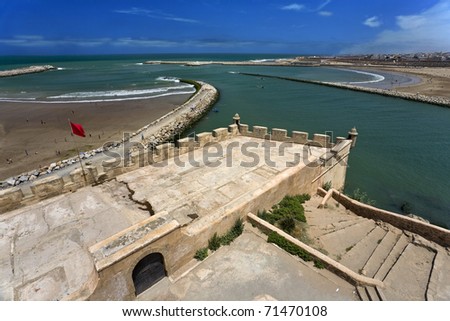 Morocco. Rabat. The Kasbah des Oudaias - general view from the semaphore platform over the ocean, the Oued Bou Regreg and Sale (river and town on the right)