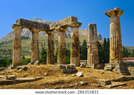 Greece. Ancient Corinth. The Doric temple of Apollo (6th century BC); in the background - Acrocorinth with fortified citadel formed on the top of rock