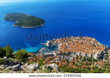 Croatia. South Dalmatia. Aerial view of Dubrovnik, medieval walled city (it is on UNESCO World Heritage List since 1979) and Lokrum Island (nature reserve)