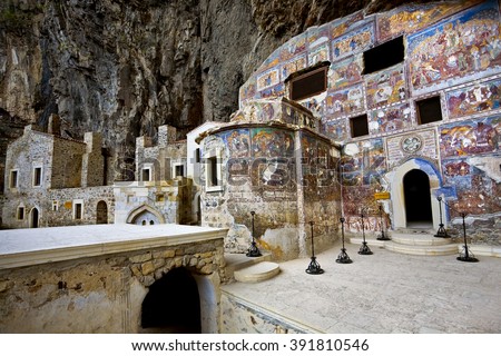 Turkey. Region Macka of Trabzon city - the Sumela Monastery (1600 year old Greek Orthodox monastery of the Panaghia). Rock Church - the inner and outer walls are decorated with frescoes