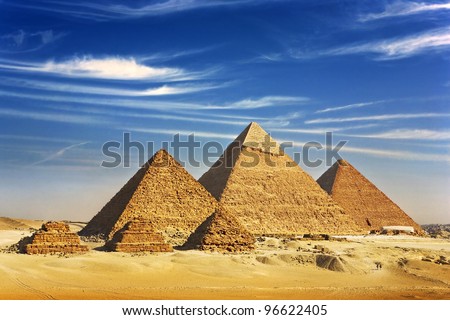 Egypt. Cairo - Giza. General view of pyramids from the Giza Plateau (three pyramids known as Queens\' Pyramids on front side; next in order from left: the Pyramid of Menkaure, Khafre and Chufu