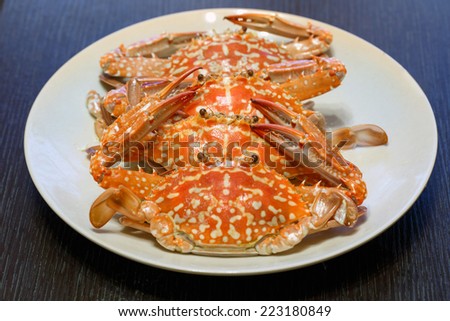 Hot steamed flower crab or blue crab, blue manna crab, sand crab