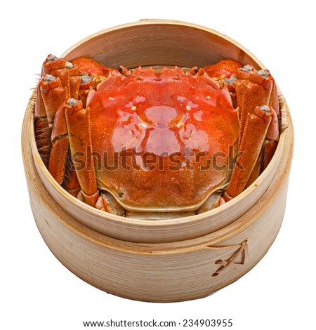 Hairy crabs in Bamboo steamer Isolated on white background