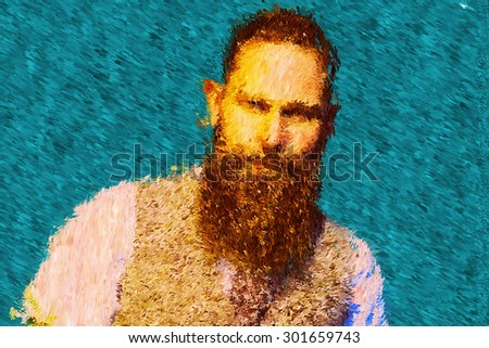 Impressionist Painting of Adult Man with Long Goatee Beard Looking Fierce Against Blue background