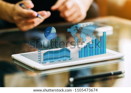 businessman investment consultant analyzing company financial report balance sheet statement working with digital graphs. Concept picture for stock market, office, tax,and project. 3D illustration.