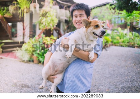 happy fatty dog and owner