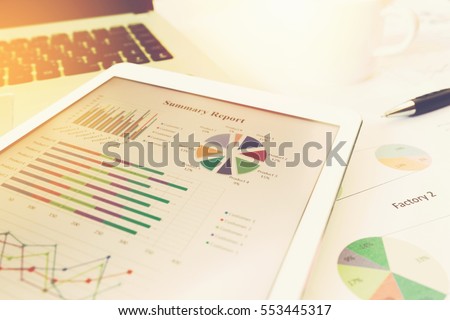 business woman investment consultant analyzing company annual financial report balance statement working with documents graphics. Concept picture of economy, market, office,money and tax.