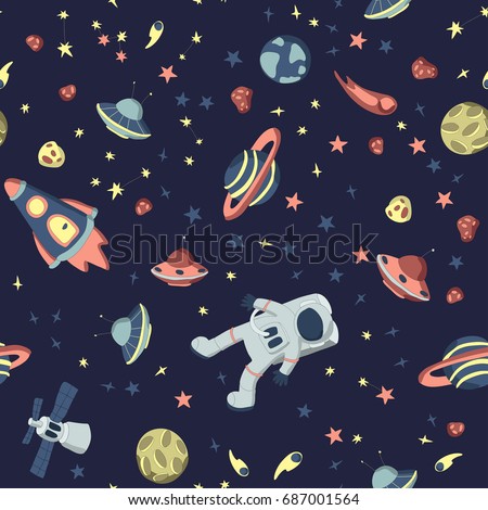 Seamless pattern on the theme of space. Astronaut in open cosmos, space ships and a set of various planets, stars and asteroids. Vector illustration on dark background.