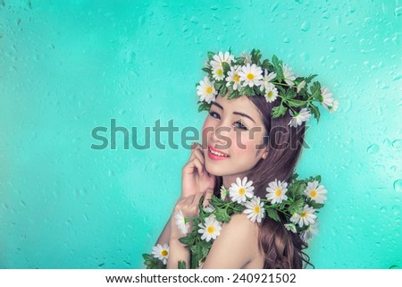 Flowers lady on Water drops background