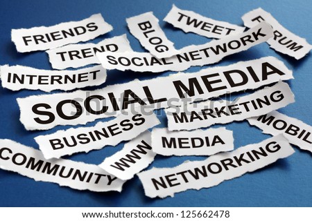 Social Media Concept Torn Newspaper Headlines Reading Marketing, Networking, Community, Internet Etc