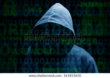 Computer Hacker Silhouette Of Hooded Man With Binary Data And Network Security Terms